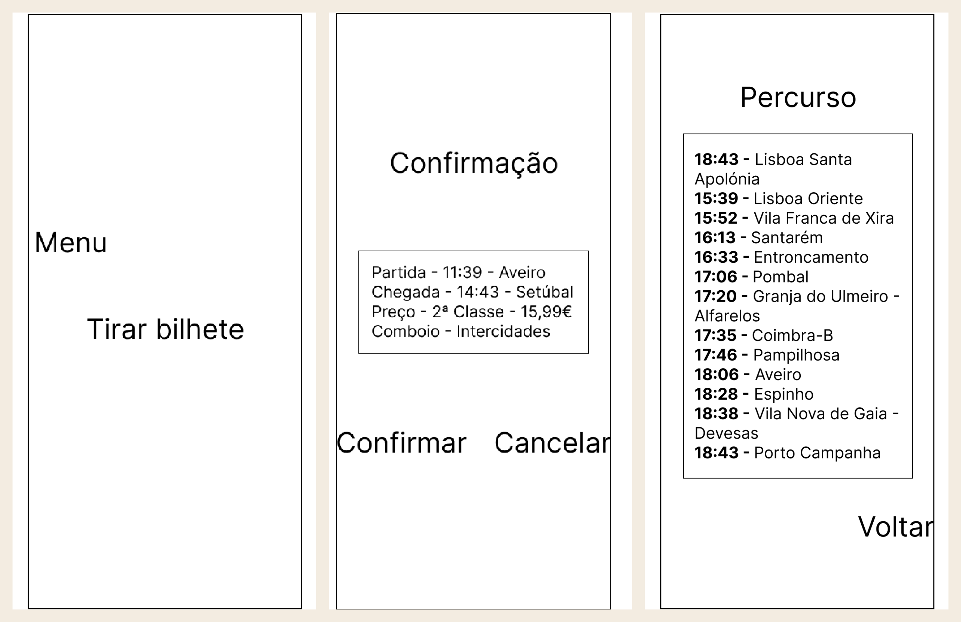Selected prototype screens: available trips, confirmation, and full route
