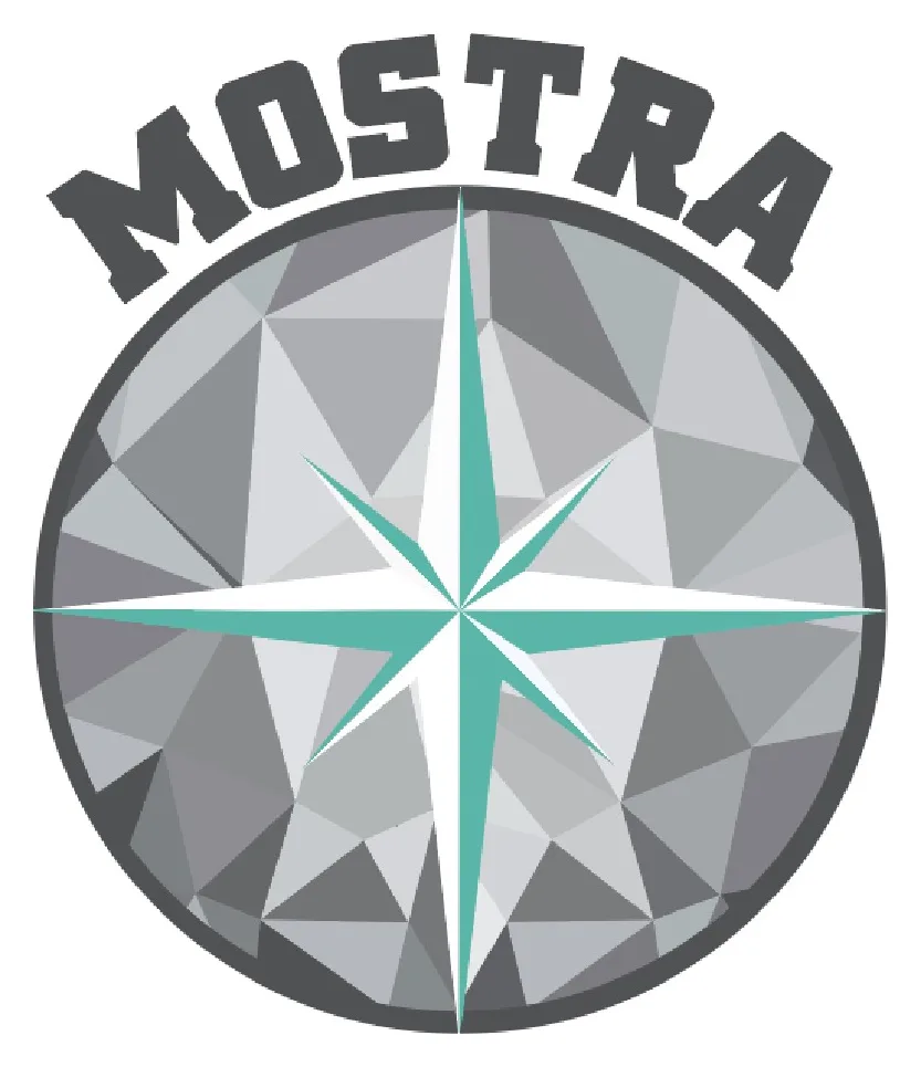 Logotype: a faceted grey and teal compass rose with MOSTRA arcing over the top