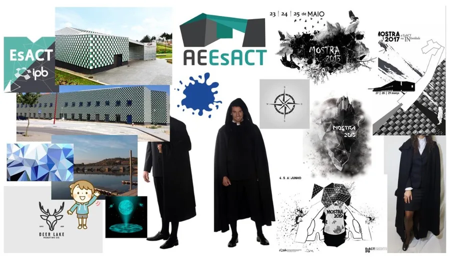 Moodboard collage: the EsACT building, past Mostra posters, a compass rose, and students wearing the academic gown