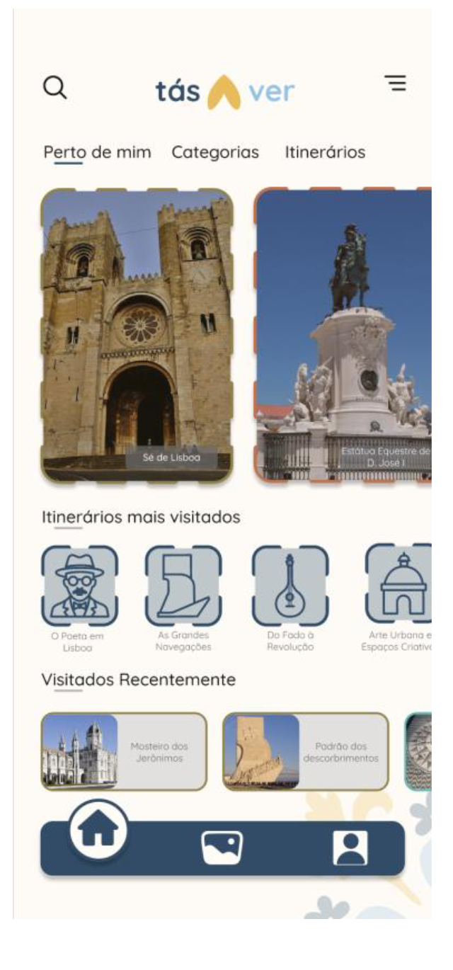 Homepage, first proposal: nearby places, itineraries and recent visits all shown at once with competing outline and colour codes