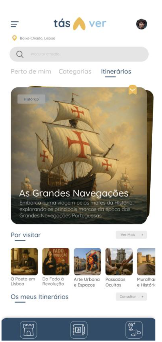 Itineraries, redesign: swipeable stacked cards, each paired with a short historical text