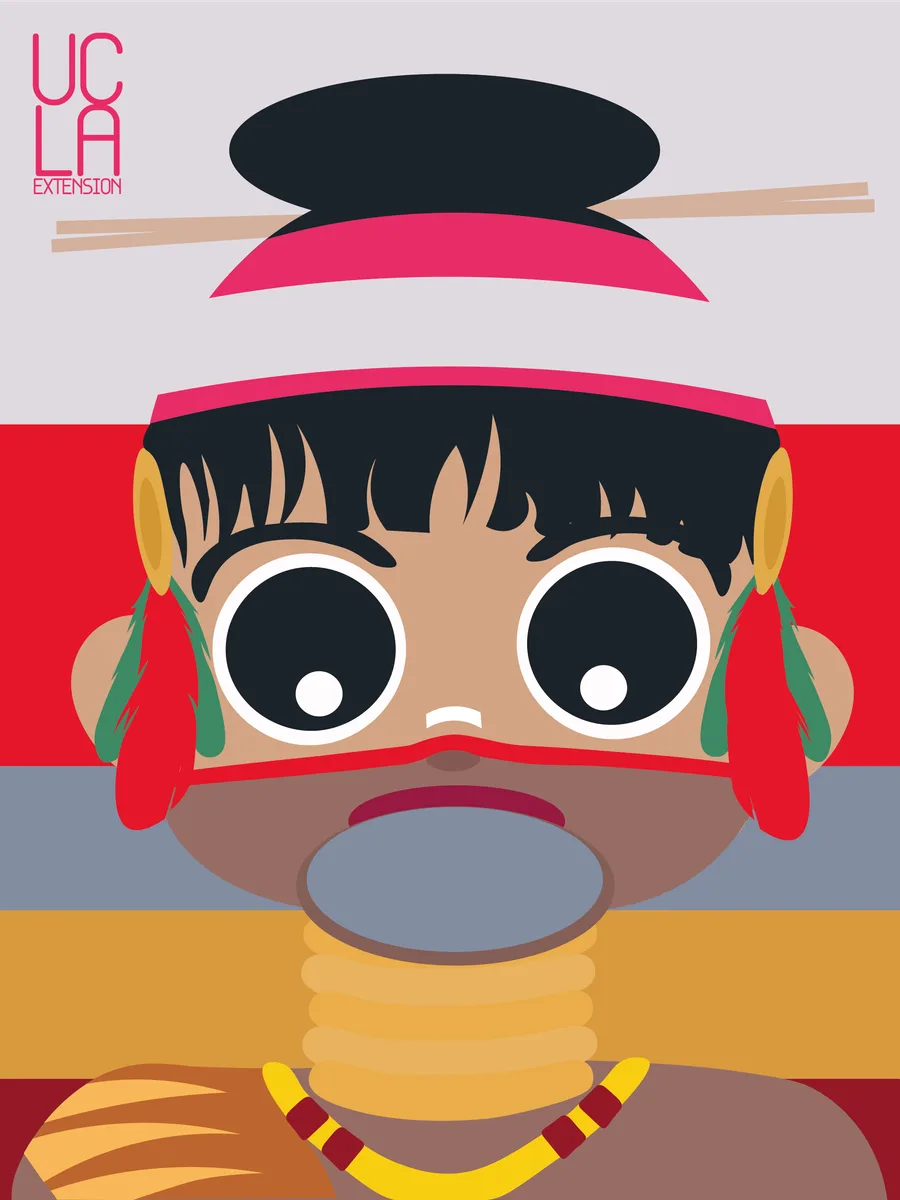 Poster: a single face wearing a lip plate, brass neck rings, feathered ear ornaments and a rod-pierced hat, over horizontal bands of grey, red, blue and ochre