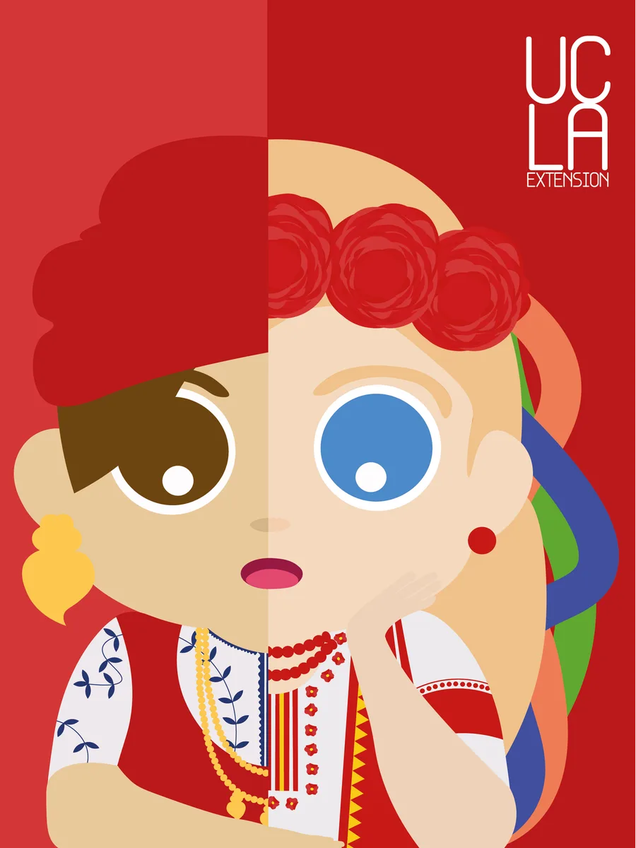 Poster: a face split down the centre, Portuguese folk dress and headscarf on the left, Ukrainian embroidery and a red flower crown on the right, on a two-tone red ground