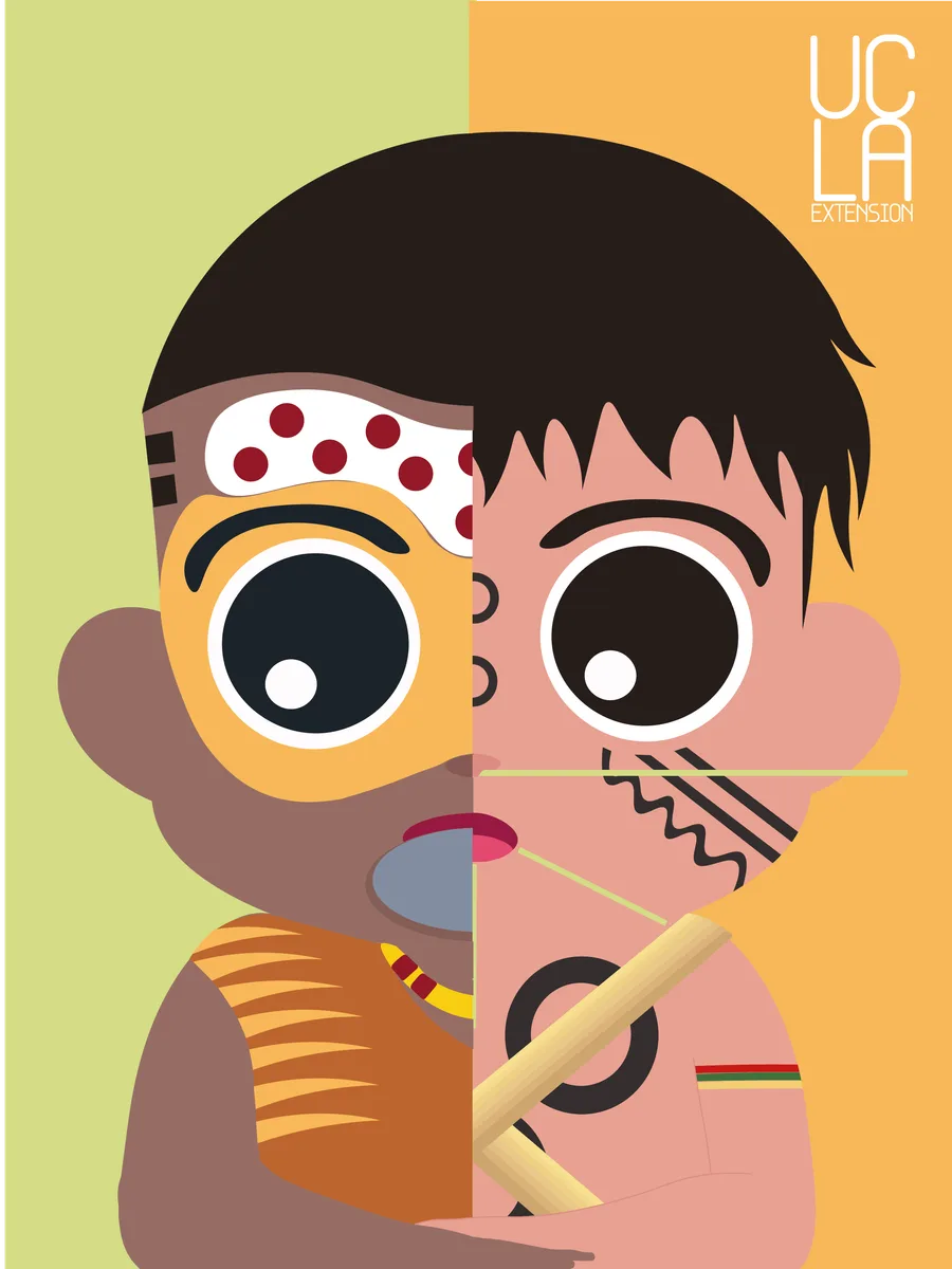 Poster: a face split down the centre, face paint, lip plate and beadwork on the left, linear facial markings and a bamboo stem on the right, over a split green and ochre ground