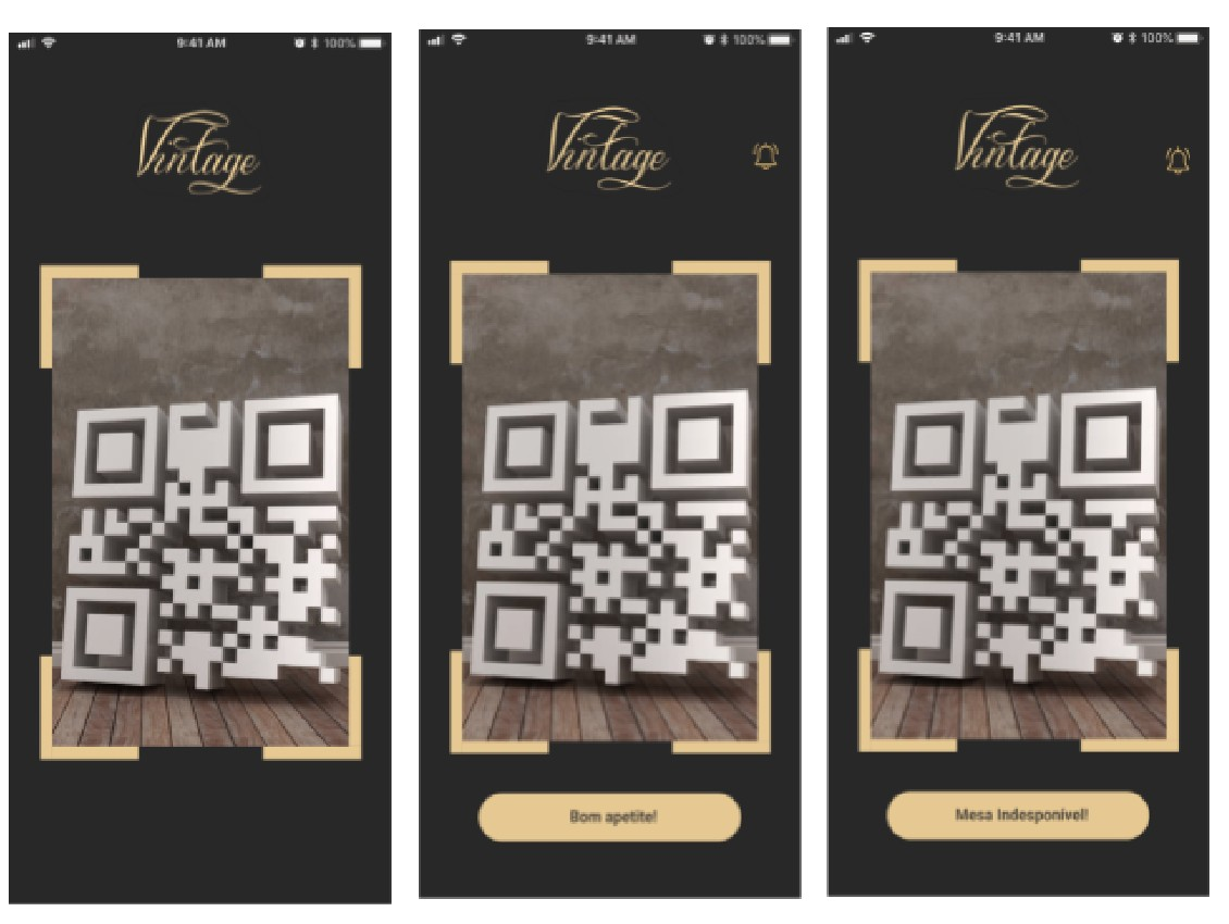 Three phone screens showing QR scanning: the scan itself, a 'Bom apetite!' confirmation, and a 'Mesa Indisponível' rejection